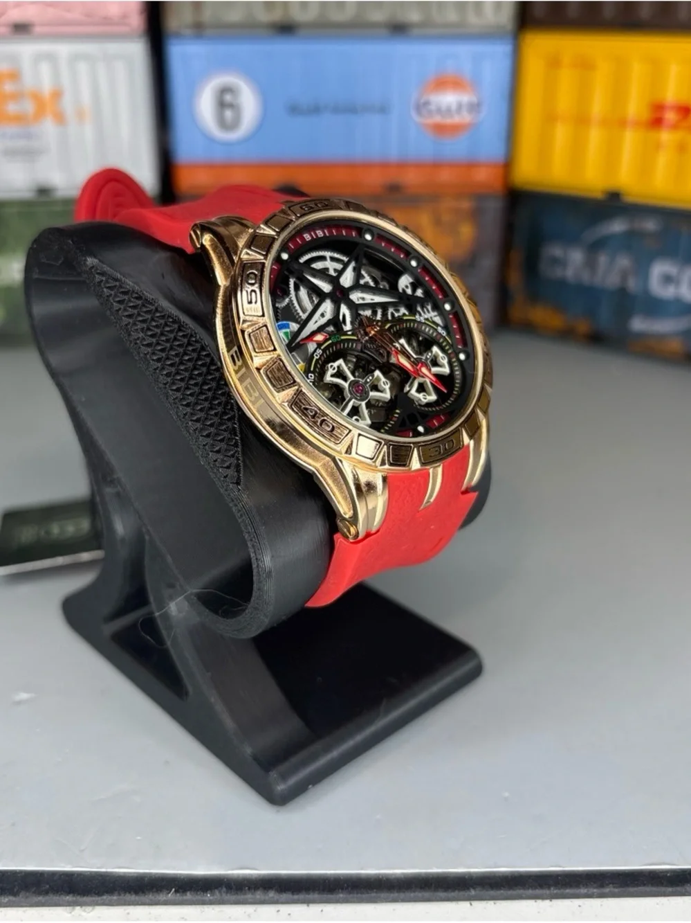 Skeleton Automatic Dial Sport Watch with Red Silicone Strap
